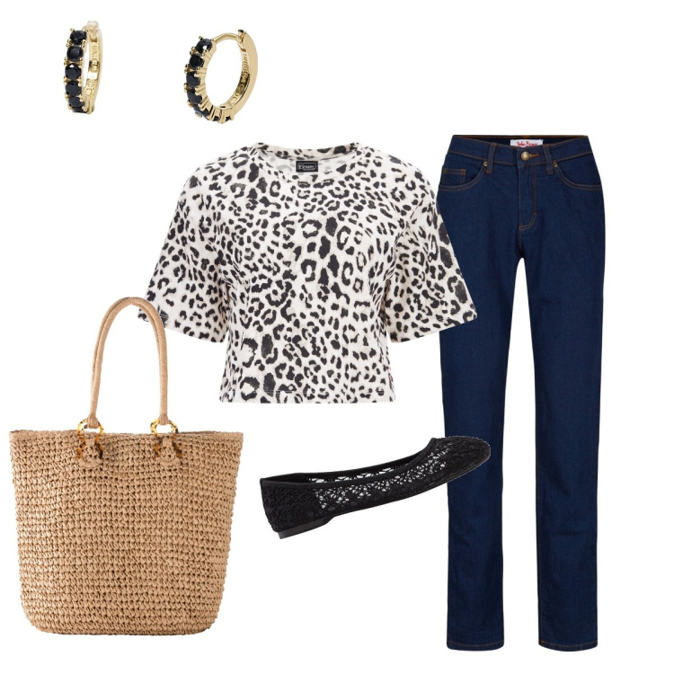 Outfit donna - In città. Stile Glamour per Tutti i giorni. Abbinamento con ballerine, jeans mom, shopping bag, orecchini, t-shirt.