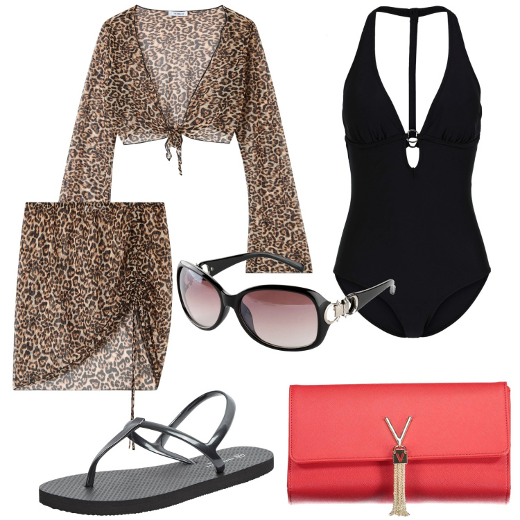 Outfit donna - Giornata al mare. Stile Casual chic per Mare. Abbinamento con costumi interi, occhiali da sole, sandali, minigonne, bolero, borse a mano.