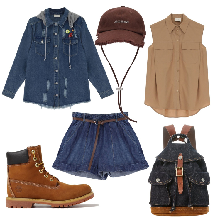 Outfit donna - Vacanze tra i monti. Stile Sporty chic per Tutti i giorni. Abbinamento con shorts, zaini, camicie, blazer, stivaletti, cappelli.