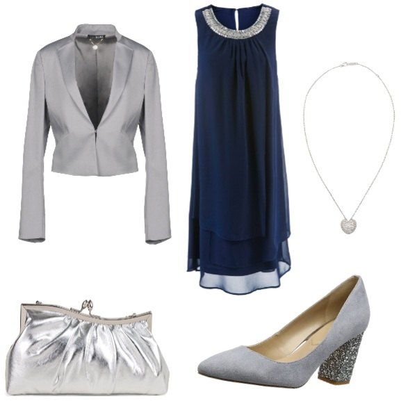 Outfit donna - Cerimonia ad Ottobre. Stile Chic per Cerimonia. Abbinamento con vestiti, giacca collo con revers a maniche lunghe interno foderato tinta unita, collana girocollo con gancio maglia, scarpe con tacco blu, clutch farfalla argento.