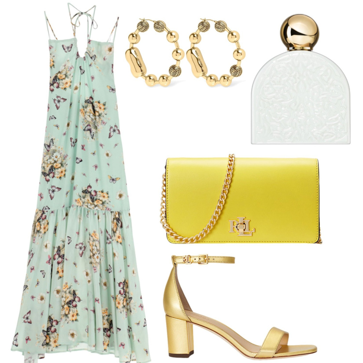 Outfit donna - Total look #1901619. Stile Chic per Serata fuori. Abbinamento con profumi, vestiti lunghi, sandali in pelle, borse a mano, orecchini.