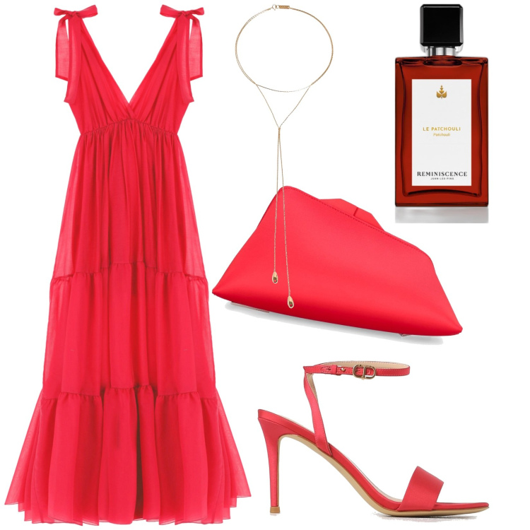 Outfit donna - Total look #1901622. Stile Glamour per Cerimonia. Abbinamento con profumi, vestiti lunghi, pochette, collane, sandali col tacco.