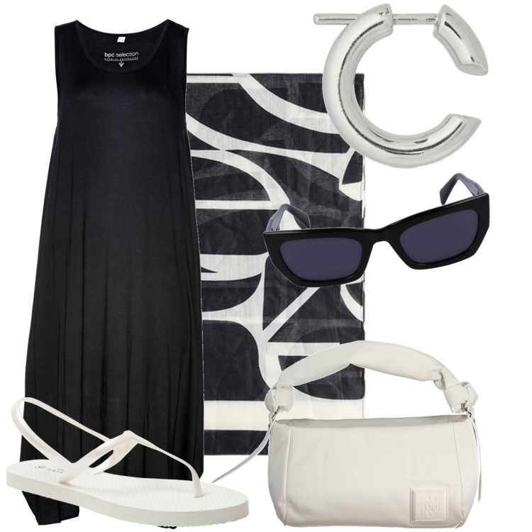 Outfit donna - Black and white. Stile Casual chic per Tutti i giorni. Abbinamento con vestiti midi/longuette, sandali, foulard, borse a spalla, occhiali da sole, orecchini.