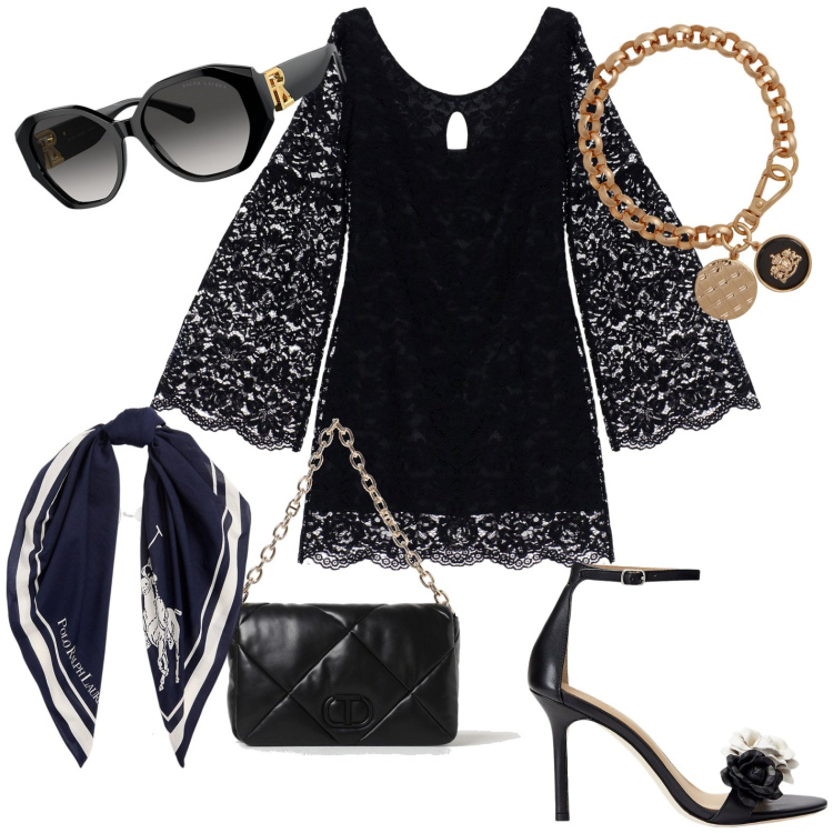 Outfit donna - Total look #1901624. Stile Chic per Serata fuori. Abbinamento con vestiti corti, occhiali da sole, sandali in pelle, braccialetti con ciondoli, foulard, borse a spalla.