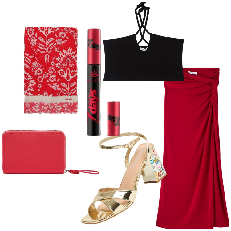 Outfit donna - Total look #1901627. Stile Casual per Tutti i giorni. Abbinamento con mascara, top, gonne lunghe, portafogli, sandali gioiello, sciarpe.