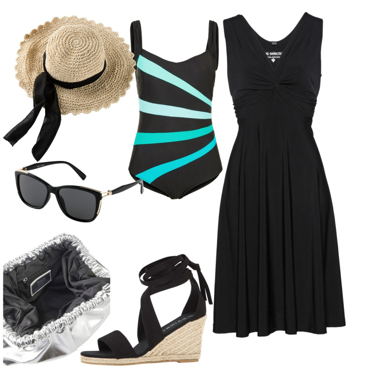 Outfit donna - Mare. Stile Casual chic per Mare. Abbinamento con vestiti, cappelli, costumi interi, sandali, pochette, occhiali da sole.