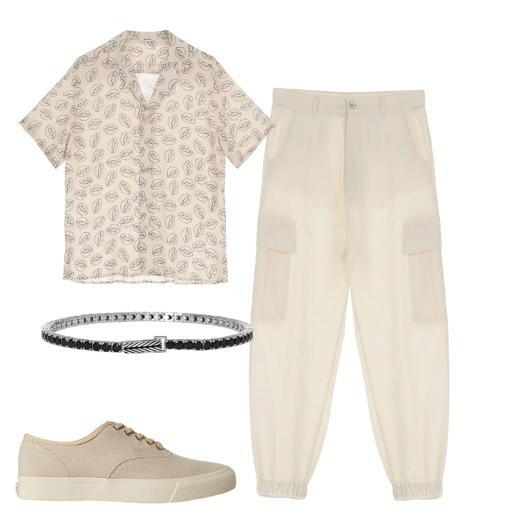 Outfit uomo - Total look #1901633. Stile Trendy per Tutti i giorni. Abbinamento con braccialetti, camicie a manica corta, pantaloni cargo, sneakers.