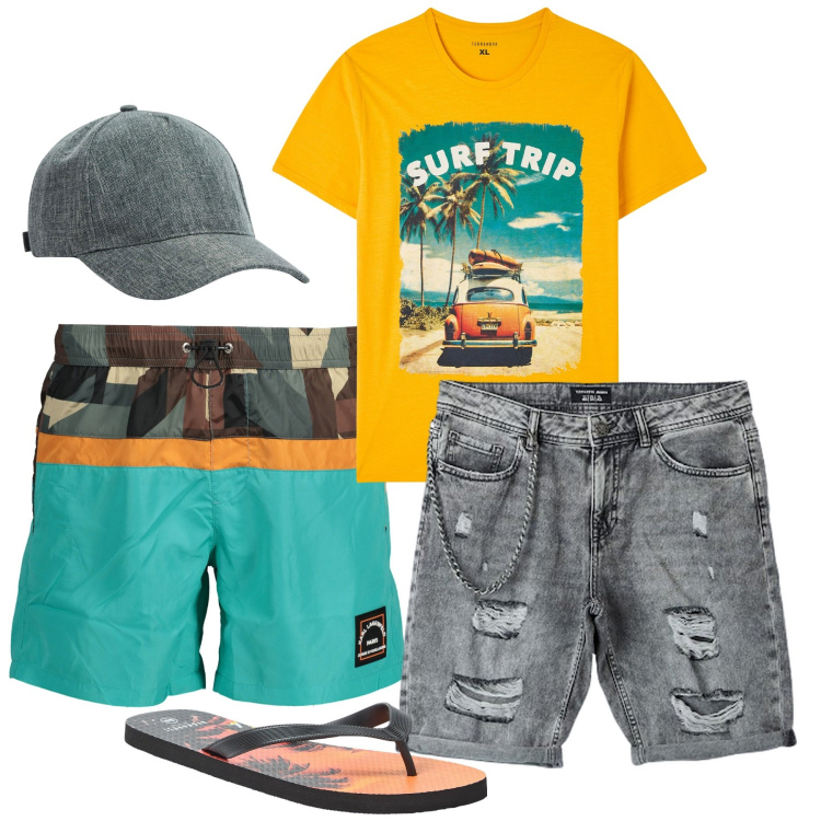 Outfit uomo - Friends. Stile Casual per Mare. Abbinamento con sandali, cappelli, bermuda, t-shirt, costumi.