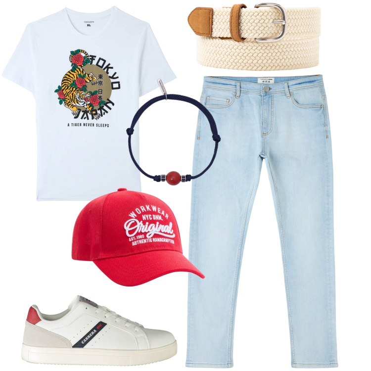 Outfit uomo - Destination Tokyo. Stile Casual per Tutti i giorni. Abbinamento con jeans skinny, cappelli, t-shirt, braccialetti, cinture, sneakers.