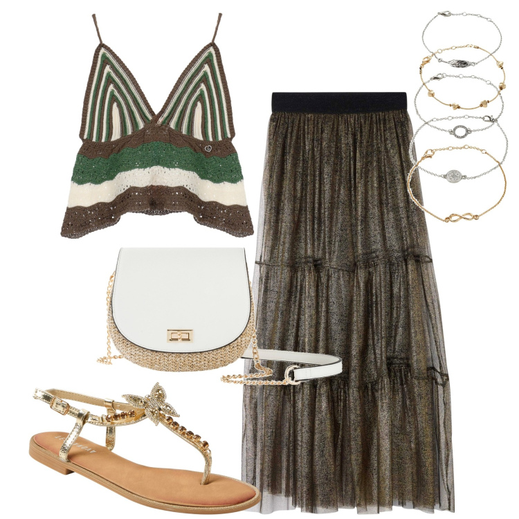 Outfit donna - La gonna a balze. Stile Romantica per Tutti i giorni. Abbinamento con borse a tracolla, braccialetti con ciondoli, gonne, sandali gioiello, top.