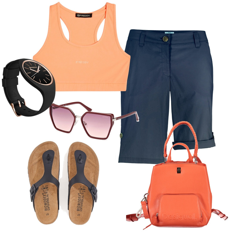 Outfit donna - Orante. Stile Casual per Tutti i giorni. Abbinamento con bermuda, top sportivi, orologi, ciabatte, zaini, occhiali da sole.