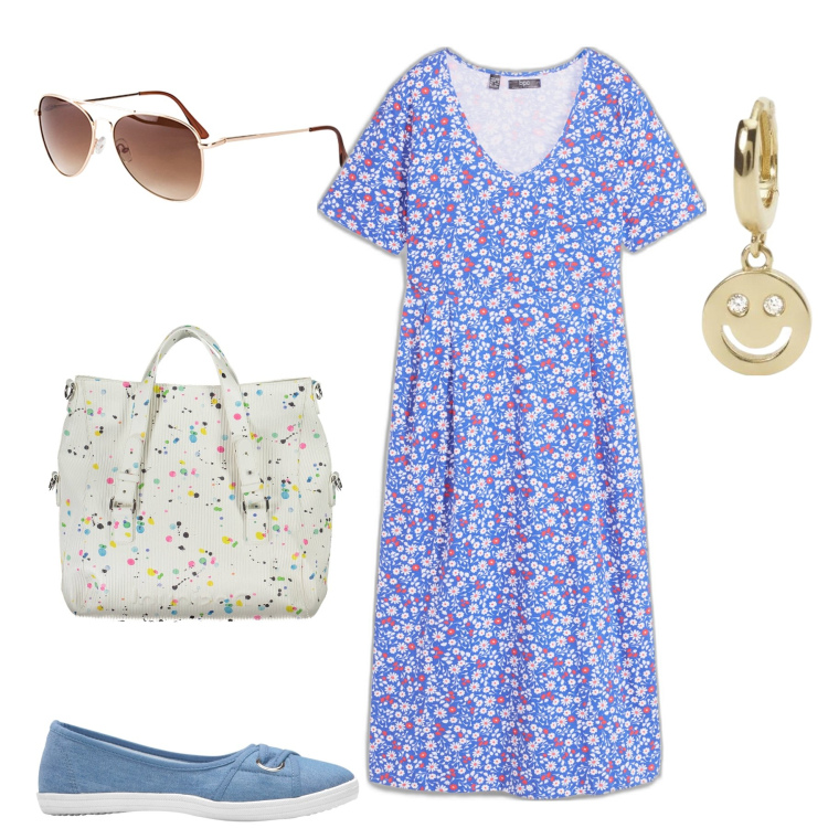 Outfit donna - Fresca per la mattinata. Stile Basic per Tutti i giorni. Abbinamento con vestiti midi/longuette, ballerine, occhiali da sole, orecchini, borse a spalla.
