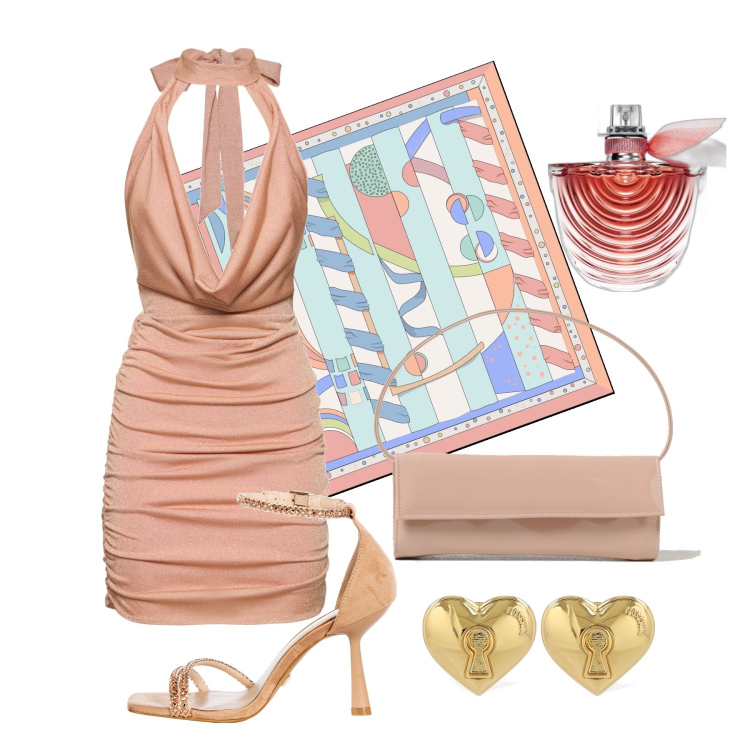 Outfit donna - Ghost outfitter - giugno. Stile Glamour per Cerimonia. Abbinamento con profumi, sandali gioiello, vestiti, foulard, orecchini, clutch.