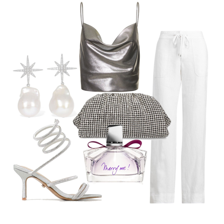 Outfit donna - Ghost outfitter - giugno. Stile Glamour per Serata fuori. Abbinamento con profumi, pantaloni, pochette, sandali col tacco, orecchini, top.