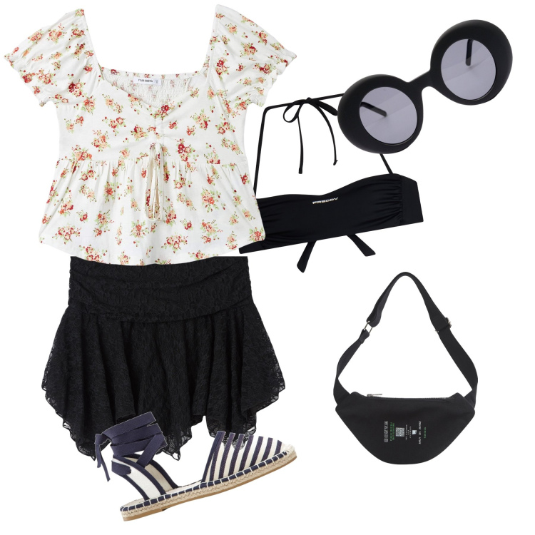 Outfit donna - Preppy direzione mare. Stile Preppy per Mare. Abbinamento con espadrillas, marsupi, bluse, minigonne, bikini, occhiali da sole.