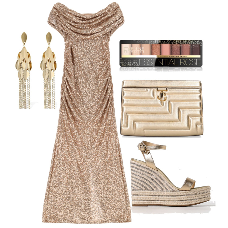 Outfit donna - Ghost outfitter - giugno. Stile Glamour per Serata fuori. Abbinamento con ombretti, vestiti lunghi, pochette, orecchini, sandali col tacco.