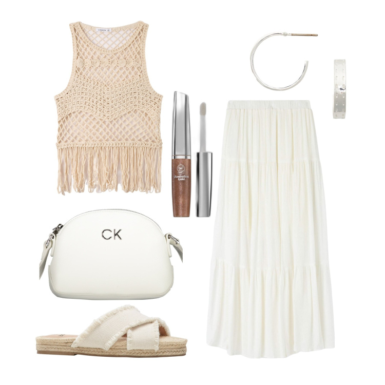 Outfit donna - Ghost outfitter - giugno. Stile Boho per Tutti i giorni. Abbinamento con ciabatte, gloss, top, gonne lunghe, orecchini, borse a tracolla.
