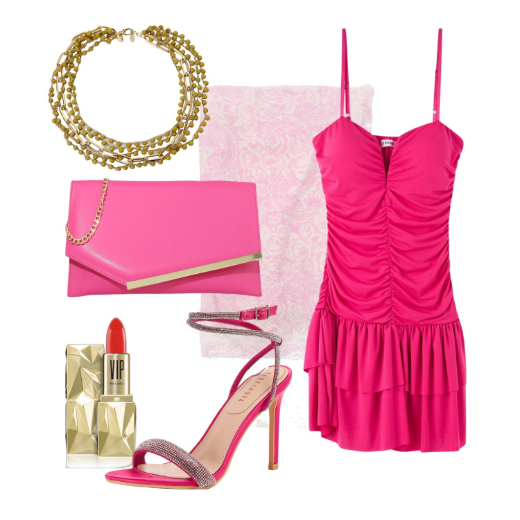 Outfit donna - Ghost outfitter - giugno. Stile Glamour per Cerimonia. Abbinamento con rossetti, vestiti, sandali col tacco, pochette, collane, sciarpe.