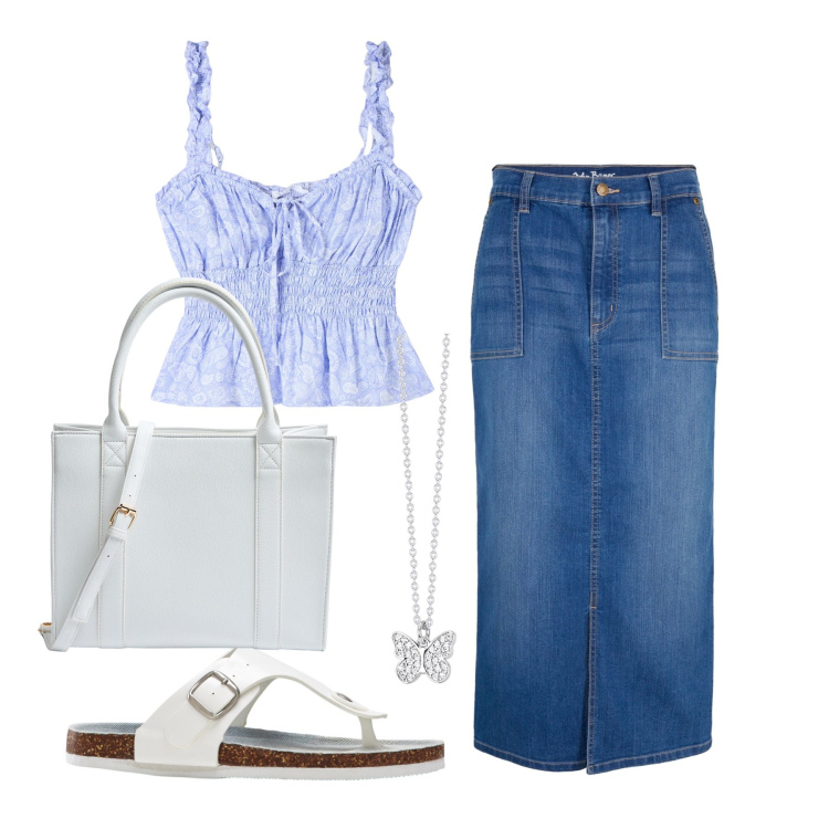 Outfit donna - Ghost outfitter - giugno. Stile Trendy per Tutti i giorni. Abbinamento con gonne, infradito, top, shopping bag, collane.