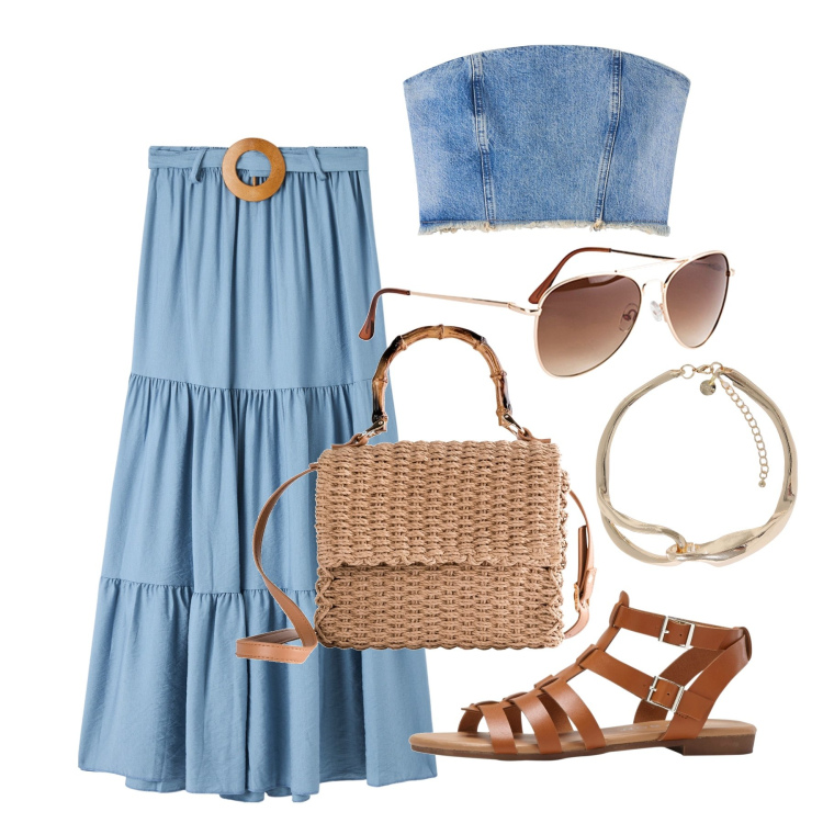 Outfit donna - Ghost outfitter - giugno. Stile Trendy per Tutti i giorni. Abbinamento con occhiali da sole, borse a mano, sandali, top, gonne lunghe, collane.