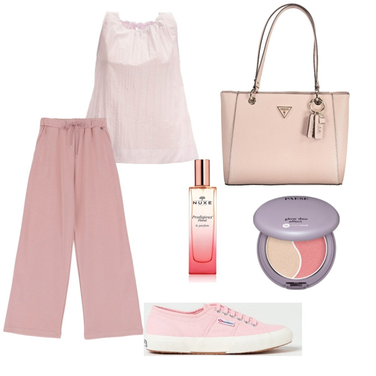 Outfit donna - Solorosa. Stile Basic per Tutti i giorni. Abbinamento con blush, profumi, pantaloni, sneakers, top, borse a spalla.