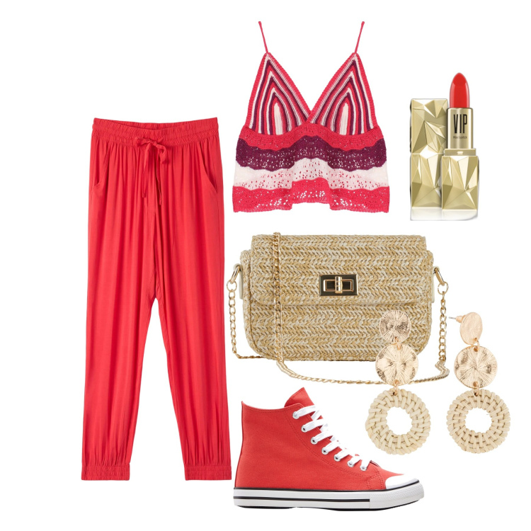 Outfit donna - Ghost outfitter - giugno. Stile Trendy per Tutti i giorni. Abbinamento con orecchini, sneakers alte, borse a mano, rossetti, pantaloni, top.