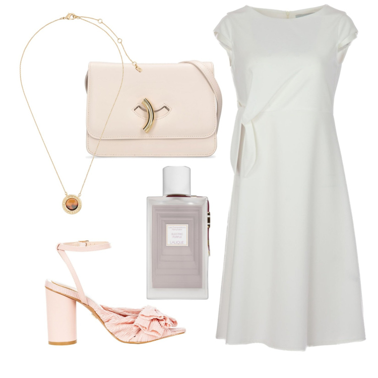 Outfit donna - Delicata. Stile Chic per Cerimonia. Abbinamento con profumi, sandali col tacco, ciondoli, vestiti midi/longuette, borse a spalla.
