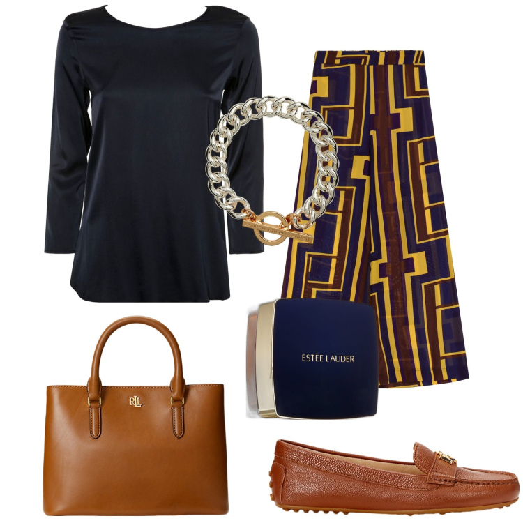 Outfit donna - Una BLUSA blu. Stile Casual chic per Tutti i giorni. Abbinamento con fondotinta, pantaloni a palazzo, mocassini, borse a mano, braccialetti, bluse.