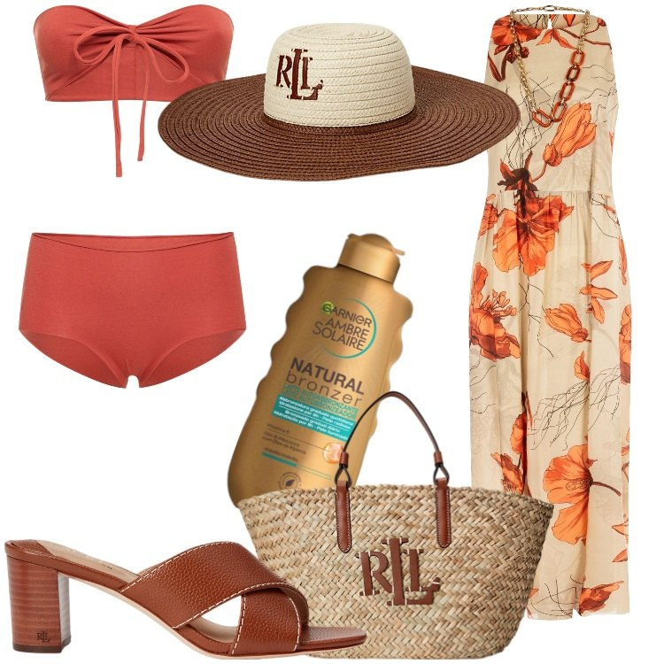 Outfit donna - Mare Chic. Stile Chic per Mare. Abbinamento con terre, vestiti senza maniche, sandali in pelle, borse tote, cappelli, bikini.
