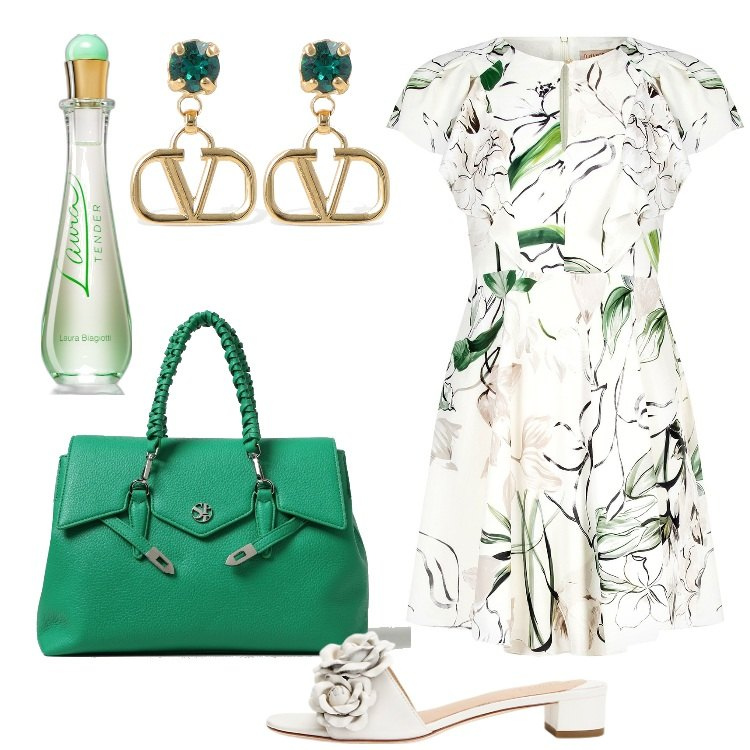 Outfit donna - Fiori delicati. Stile Romantica per Serata fuori. Abbinamento con profumi, vestiti corti, sandali in pelle, orecchini, borse a mano.