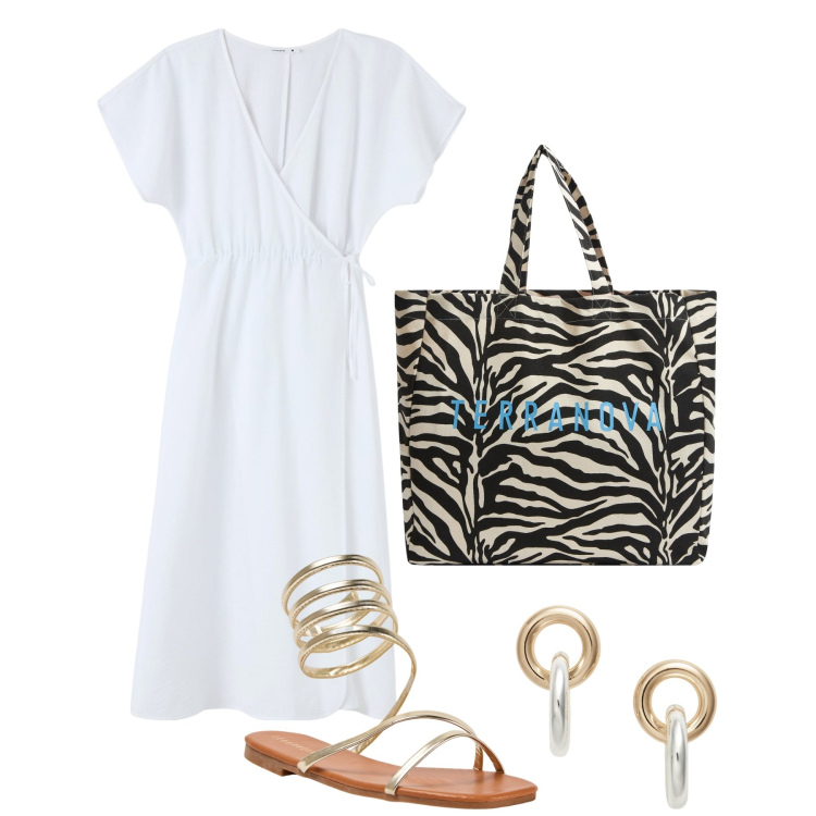 Outfit donna - Mattina. Stile Bon Ton per Ufficio. Abbinamento con borse tote, vestiti lunghi, sandali, orecchini.