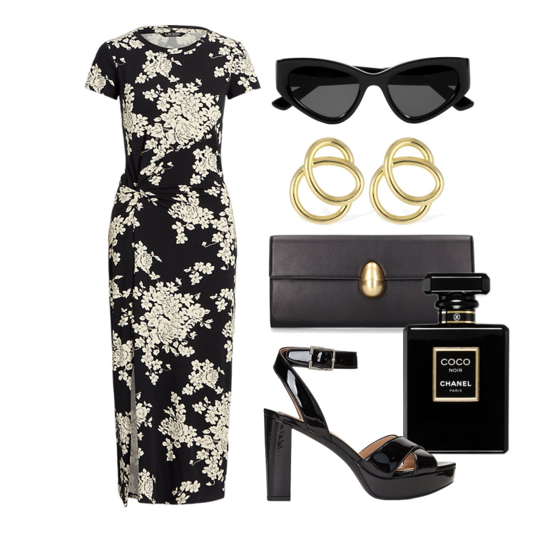 Outfit donna - Ghost outfitter - giugno. Stile Chic per Cerimonia. Abbinamento con profumi, vestiti, sandali col tacco, orecchini, occhiali da sole, pochette.