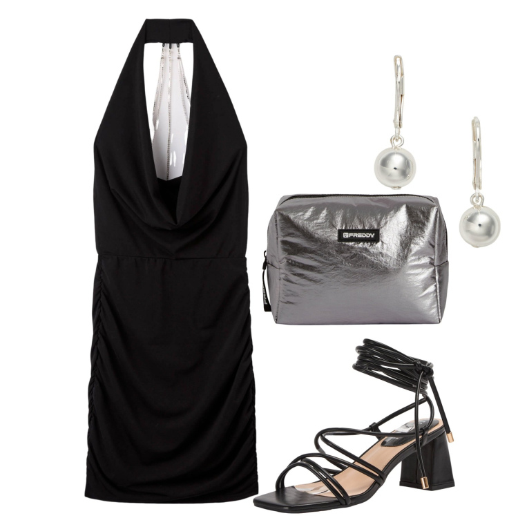 Outfit donna - Uscire la sera. Stile Chic per Serata fuori. Abbinamento con vestiti corti, sandali alla schiava, valigie, orecchini.