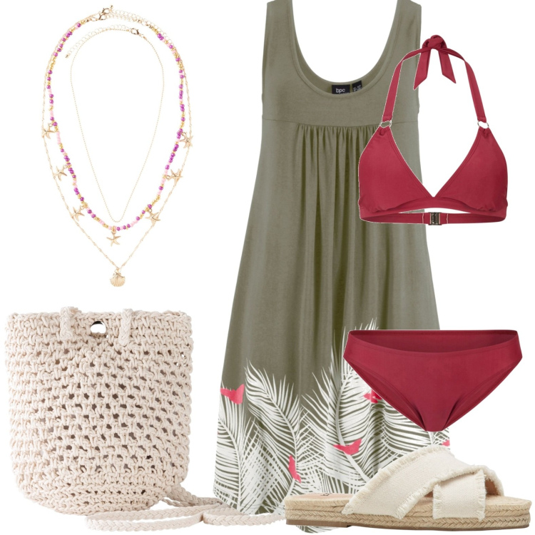 Outfit donna - Il vestitino fresco. Stile Casual per Mare. Abbinamento con bikini, ciabatte, vestiti senza maniche, borse a tracolla, ciondoli.