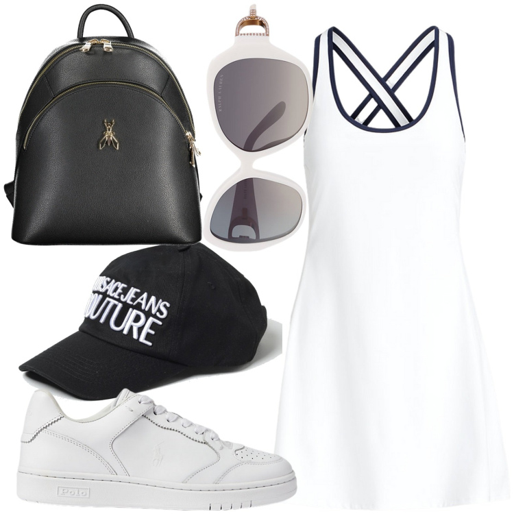 Outfit donna - Turista a Santorini. Stile Casual per Tutti i giorni. look ideale per Petite. Abbinamento con occhiali da sole, vestiti, sneakers, zaini, cappelli con visiera.