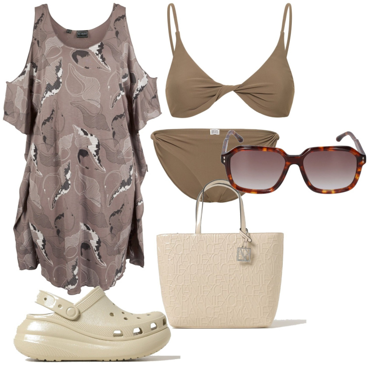 Outfit donna - Mare. Stile Glamour per Mare. Abbinamento con vestiti da spiaggia, bikini, borse tote, occhiali da sole, bikini, sandali.
