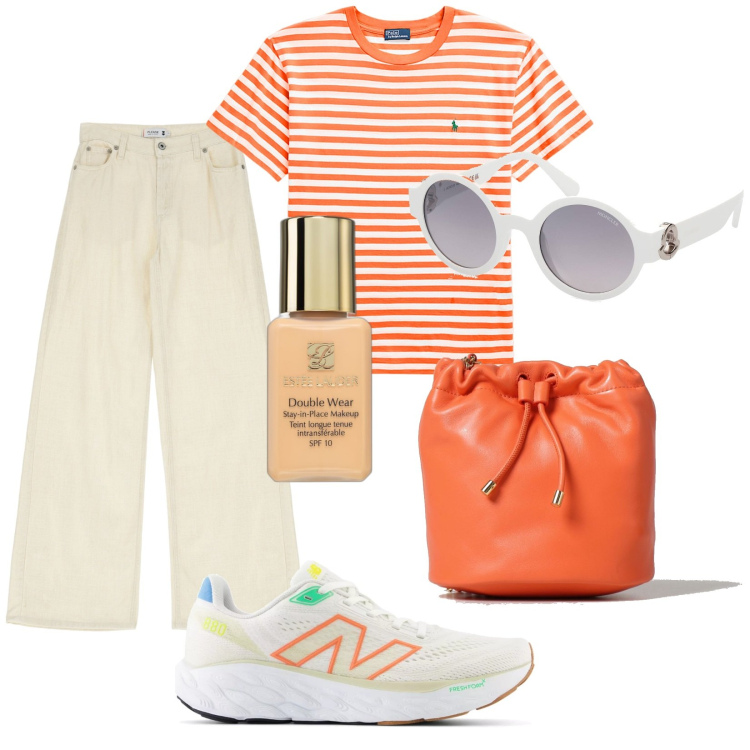 Outfit donna - Total look #1901774. Stile Casual per Tutti i giorni. Abbinamento con fondotinta, sneakers, pantaloni, t-shirt, occhiali da sole, borse a mano.