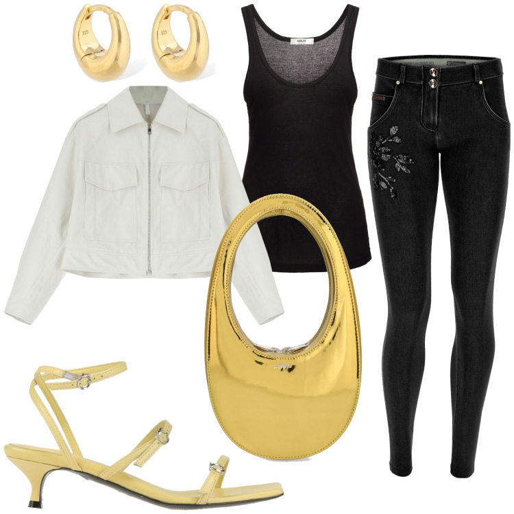 Outfit donna - Look per il giorno. Stile Boho per Tutti i giorni. look ideale per Petite. Abbinamento con sandali in pelle, giacche, jeans skinny, borse a mano, orecchini, canottiere.