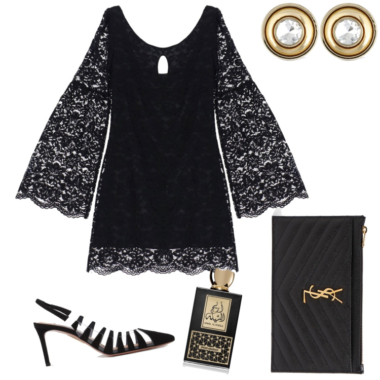 Outfit donna - Forever lace. Stile Chic per Serata fuori. Abbinamento con profumi, vestiti corti, scarpe col tacco, pochette, orecchini.