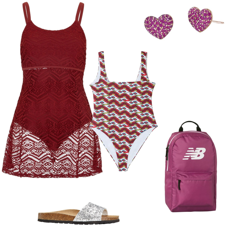 Outfit donna - Verso il mare. Stile Chic per Mare. Abbinamento con ciabatte, vestiti da spiaggia, costumi interi, orecchini, zaini.