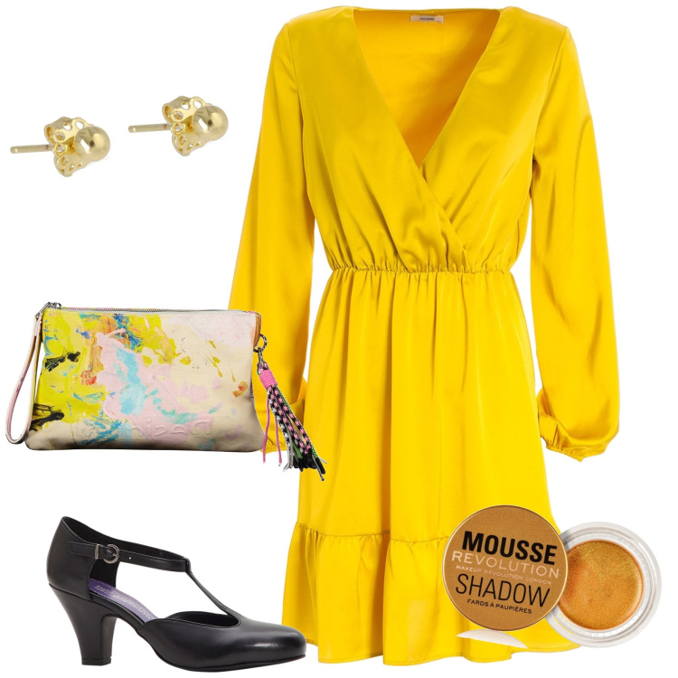 Outfit donna - Uscita in giallo. Stile Trendy per Tutti i giorni. Abbinamento con décolleté, ombretti, vestiti, borse a mano, orecchini.