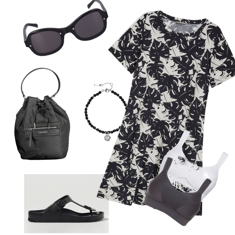 Outfit donna - Comoda in giro. Stile Basic per Tutti i giorni. Abbinamento con reggiseni, braccialetti, vestiti, borse a secchiello, sandali, occhiali da sole.