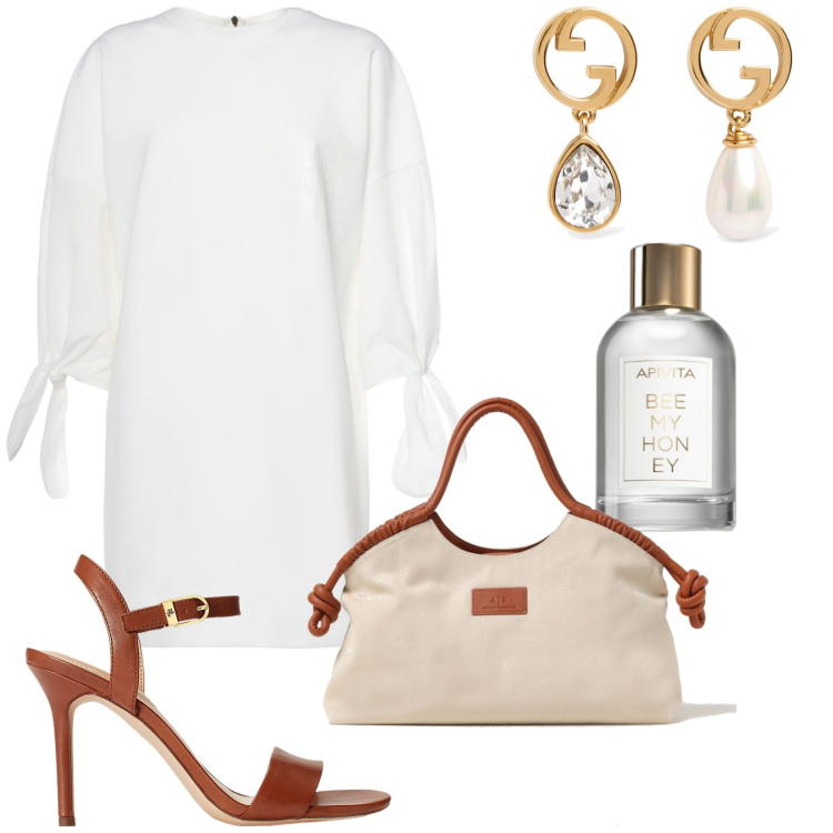Outfit donna - Bianco minimal. Stile Minimal per Tutti i giorni. Abbinamento con profumi, sandali in pelle, borse a mano, vestiti, orecchini.