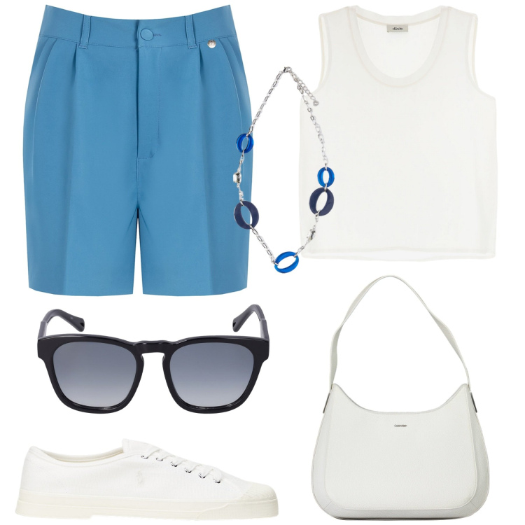 Outfit donna - Minimal chic. Stile Minimal per Tutti i giorni. Abbinamento con canottiere, pantaloni corti, sneakers, occhiali da sole, ciondoli, borse a spalla.