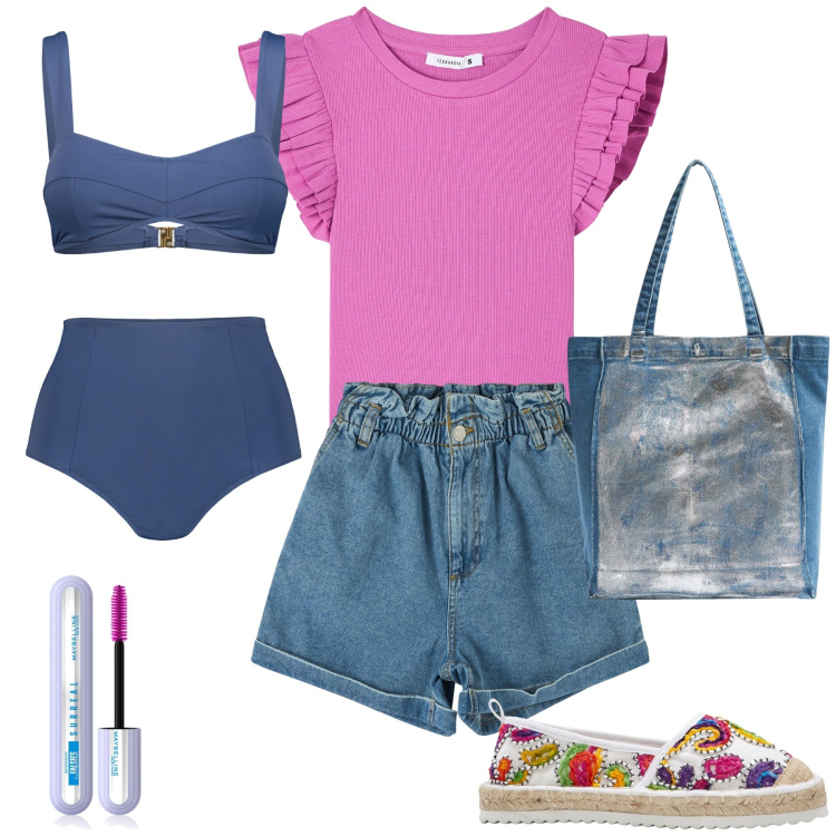 Outfit donna - Look girly, ma bikini da lady per il mare. Stile Trendy per Mare. Abbinamento con espadrillas, mascara, t-shirt, shorts, shopping bag, bikini.