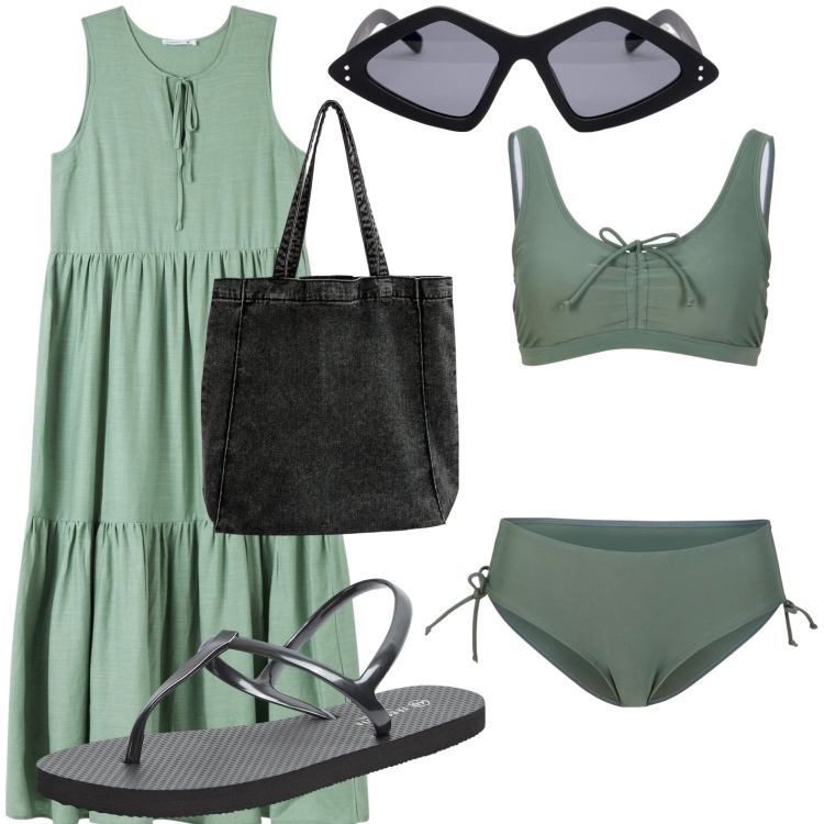 Outfit donna - Tutti al mare. Stile Basic per Tutti i giorni. look ideale per Petite. Abbinamento con bikini, sandali, vestiti senza maniche, shopping bag, occhiali da sole.