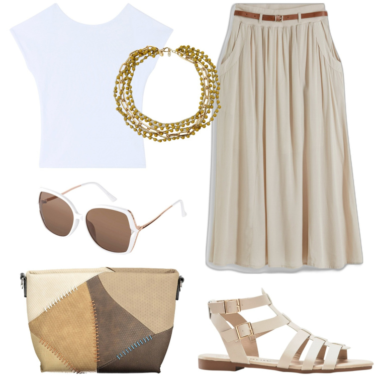 Outfit donna - Minimal Summer. Stile Minimal per Tutti i giorni. Abbinamento con gonne lunghe, sandali, occhiali da sole, t-shirt, collane, borse a tracolla.