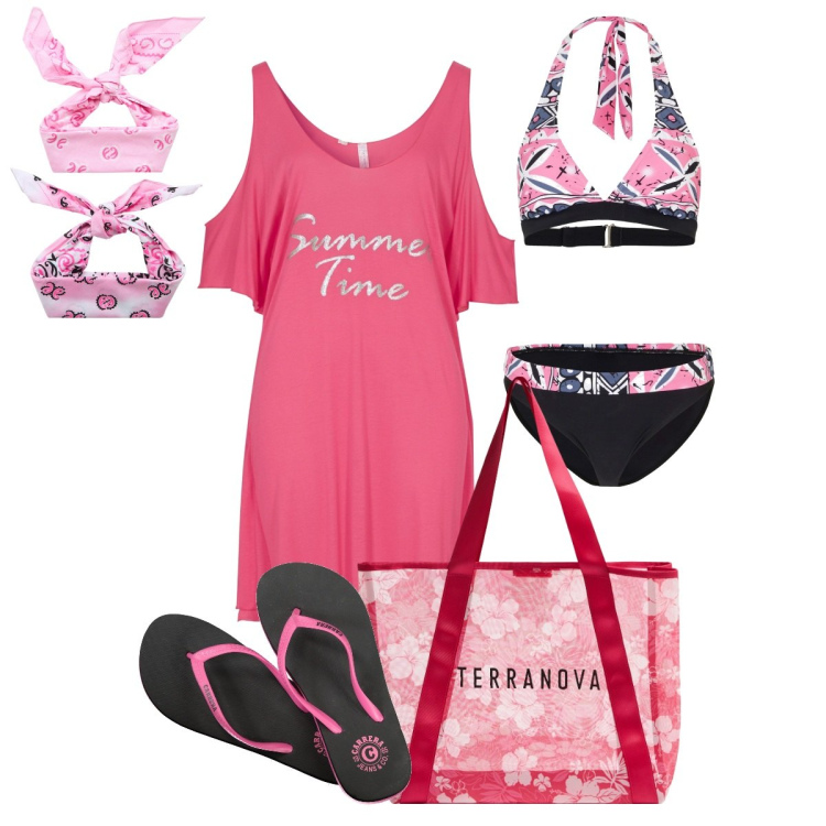 Outfit donna - Rosa per il mare. Stile Chic per Mare. Abbinamento con bikini, vestiti da spiaggia, shopping bag, fasce per capelli, infradito.