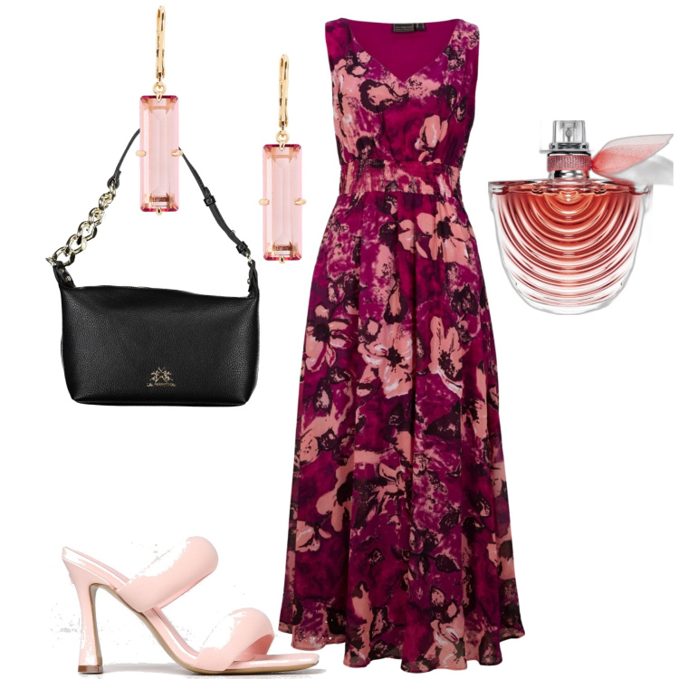 Outfit donna - Da mattina a sera. Stile Casual chic per Tutti i giorni. Abbinamento con vestiti lunghi, profumi, orecchini, sandali in pelle, borse a spalla.