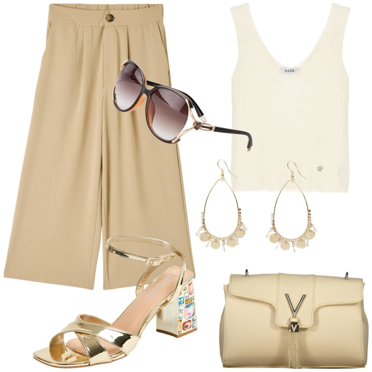 Outfit donna - Brilla con i sandali gioiello. Stile Chic per Tutti i giorni. Abbinamento con occhiali da sole, pantaloni a palazzo, sandali gioiello, top, orecchini, borse a tracolla.